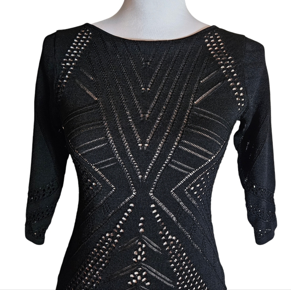Calvin Klein Black Illusion Lace Bodycon Dress Size Petite Medium Geometric - Picture 4 of 16